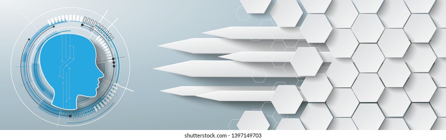 Futuristic human head with electronic schematicon and white hexagons on the gray background. Eps 10 vector file.