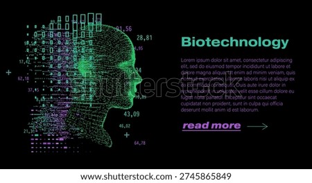 Futuristic human head profile in glowing neon green composed of scattered binary digits, data squares, plus symbols, and numerical values on black background, evoking a digital biotech matrix with cyan highlights and code-like particle effects. Conceptual vector illustration perfect for biotechnology, genetic engineering, bio-digital interface, synthetic biology, CRISPR, biohacking, and advanced biotech innovation themes in cyberpunk sci-fi style.