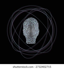 Futuristic Human Head Silhouette with Digital Fingerprint Lines and Orbital Rings