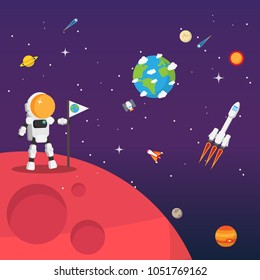 Futuristic human land on Mars. Cute cartoon concept for space adventure dreams editable EPS10 vector.