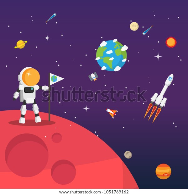 Futuristic human land on Mars.\
Cute cartoon concept for space adventure dreams editable EPS10\
vector.