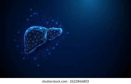 Futuristic human liver with electronic circuit lines background. Artificial intelligence, hepatology technology, medical diagnostics Low poly style AI-powered healthcare, smart liver analysis. Vector.