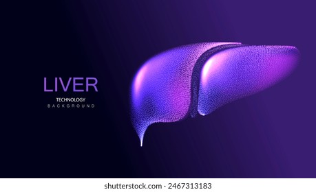 Futuristic human liver particle dots style. Cirrhosis and hepatitis treatment. Medical organ for diagnostics. 3d model for pharmacy design or education presentation. Vector illustration.