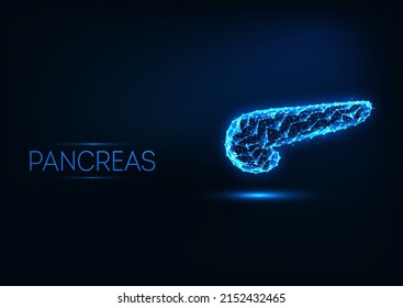 Futuristic human pancreas in glowing low polygonal style isolated on dark blue