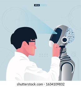 Futuristic humanoid with Artificial Intelligence technology concept. A scientist is assembling a robot vector illustration