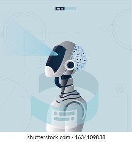 Futuristic humanoid with Artificial Intelligence technology concept. A scientist is assembling a robot vector illustration