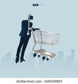 Futuristic humanoid business people with Artificial Intelligence technology concept.  Robot office workers carrying a shopping cart vector illustration