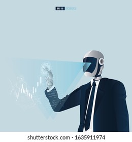 Futuristic humanoid business people with Artificial Intelligence technology concept. Robot touching stock trading monitor vector illustrator