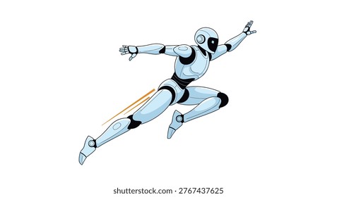 Futuristic humanoid robot performing a dynamic jump or flying action through the air to represent advanced artificial intelligence.