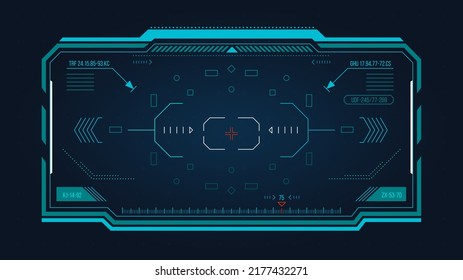 Futuristic HUS screen. Sci-Fi shooter game digital target aim, technology UI borders and frames, modern tech focus graphic design. Vector GUI screen of frame, digital futuristic monitor