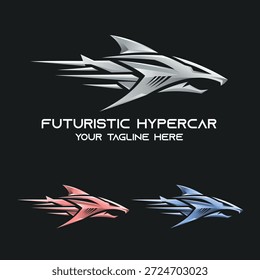 Futuristic hypercar logo with motion symbolism, aggressive clean design, tech-inspired, flat vector style, silver and black color scheme