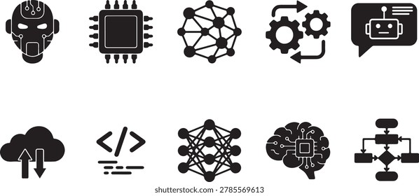 Futuristic icon collection depicting ai cybernetic entities microprocessor chip nodes gear integration robotic dialog cloud code