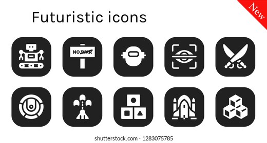  futuristic icon set. 10 filled futuristic icons. Simple modern icons about  - Robot, War, Eye scan, Saber, Spaceship, Cubes, Rocket ship, Cube