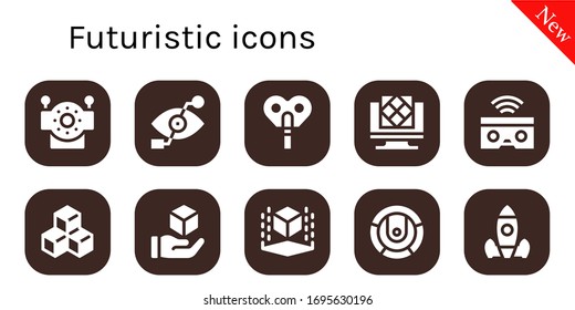 futuristic icon set. 10 filled futuristic icons.  Simple modern icons such as: Robot, Bionic eye, Automaton, Artificial intelligence, Oculus rift, Cube, Rocket launch