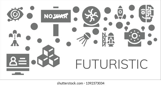 futuristic icon set. 11 filled futuristic icons.  Simple modern icons about  - Eye scan, War, Spaceship, Sputnik, Monitor, Rocket ship launch, Crystal ball, Cube, Rocket launch