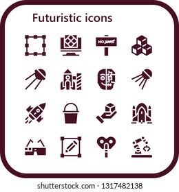 futuristic icon set. 16 filled futuristic icons.  Collection Of - Transformation, Artificial intelligence, War, Cube, Sputnik, Rocket, Cyborg, Rocket ship, Virtual glasses, Transform