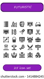 futuristic icon set. 25 filled futuristic icons.  Simple modern icons about  - Spacing, Rocket, Cyborg, Monitor, Virtual glasses, Rocket ship launch, Sputnik, Sabers, Transform