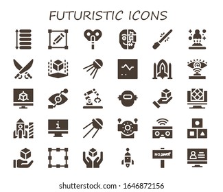 futuristic icon set. 30 filled futuristic icons. Included Spacing, Transform, Automaton, Cyborg, Saber, Hologram, Cube, Sputnik, Monitor, Spaceship, Eye scan, Bionic eye icons