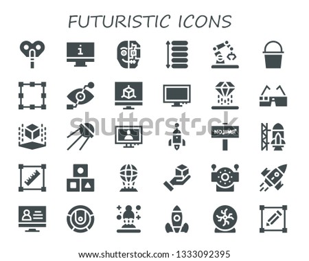 futuristic icon set. 30 filled futuristic icons.  Simple modern icons about  - Automaton, Monitor, Cyborg, Spacing, Robot, Cube, Transformation, Bionic eye, Hologram, Virtual glasses