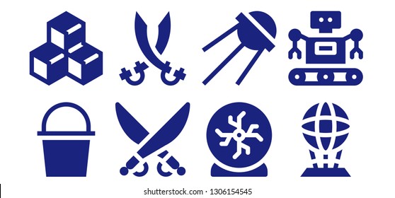 futuristic icon set. 8 filled futuristic icons.  Collection Of - Cube, Saber, Sabers, Crystal ball, Sputnik, Hologram, Robot