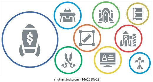 futuristic icon set. 9 filled futuristic icons.  Simple modern icons about  - Rocket, Robot, Rocket ship, Sabers, Monitor, Transform, Spacing, Spaceship
