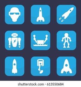 Futuristic icon. set of 9 filled futuristic icons such as rocket, robot arm, man in smart glasses