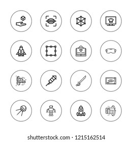 Futuristic icon set. collection of 16 outline futuristic icons with ar, channel, eye scan, cube, levitation, saber, sputnik, robot, rocket launch, rocket, teleportation icons.