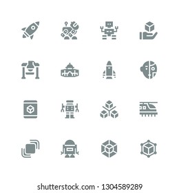futuristic icon set. Collection of 16 filled futuristic icons included Cube, Robot, Hidrive, Hyperloop, Rocket, Dome
