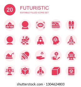 futuristic icon set. Collection of 20 filled futuristic icons included Dome, Crystal ball, Eye scan, Jetpack, Robot, Rocket, Cube, Rocket launch, Ufo, Levitation
