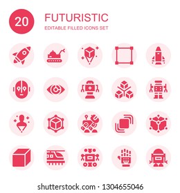 futuristic icon set. Collection of 20 filled futuristic icons included Rocket, Robot, Hologram, Transform, Science fiction, Eye scan, Cube, Hidrive, Hyperloop, Exoskeleton