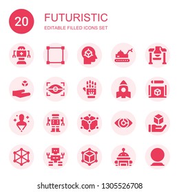 futuristic icon set. Collection of 20 filled futuristic icons included Robot, Transform, Cube, Levitation, Eye scan, Exoskeleton, Rocket, Hologram, Crystal ball