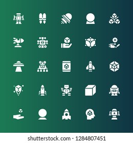 futuristic icon set. Collection of 25 filled futuristic icons included Robot, Cube, Rocket, Crystal ball, Levitation, Hologram, Ufo, Jetpack