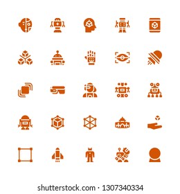 futuristic icon set. Collection of 25 filled futuristic icons included Crystal ball, Robot, Rocket, Transform, Levitation, Dome, Cube, Cyborg, Smart glasses, Hidrive, Ufo, Eye scan