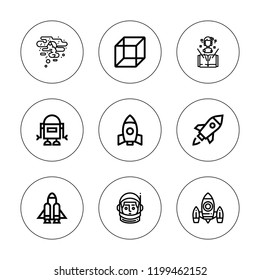 Futuristic icon set. collection of 9 outline futuristic icons with astral, astronaut, cube, hologram, space ship, robot, rocket launch icons. editable icons.