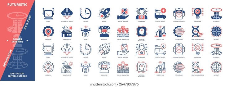 Futuristic icon set. Genetic Engineering, Smart House, Robot, Metaverse, Invention, Cyberspace, Internet, Augmented Reality. Duotone color solid and editable outline icons