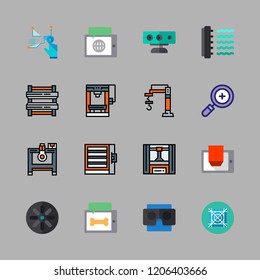 futuristic icon set. vector set about d display, zoom in, sensor and industrial robot icons set.