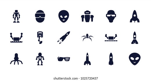 Futuristic icons. set of 18 editable filled futuristic icons: rocket, alien head, man in smart glasses, robot, robot arm