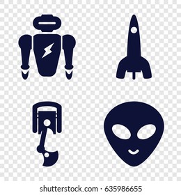 Futuristic icons set. set of 4 futuristic filled icons such as alien head, robot arm, rocket