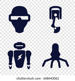 Futuristic icons set. set of 4 futuristic filled icons such as robot arm, rocket, man in smart glasses