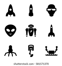 futuristic icons set. Set of 9 futuristic filled icons such as rocket, alien head, robot arm, man in smart glasses