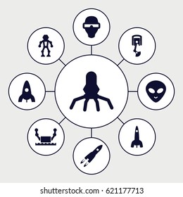 Futuristic icons set. set of 9 futuristic filled icons such as rocket, alien head, robot arm, man in smart glasses