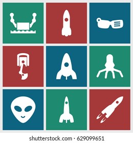 Futuristic icons set. set of 9 futuristic filled icons such as rocket, alien head, robot arm, robot