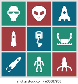 Futuristic icons set. set of 9 futuristic filled icons such as rocket, alien head, robot arm, man in smart glasses