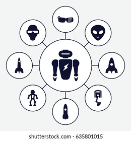 Futuristic icons set. set of 9 futuristic filled icons such as rocket, alien head, robot arm, man in smart glasses, robot