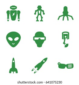 Futuristic icons set. set of 9 futuristic filled icons such as alien head, robot arm, rocket, man in smart glasses, robot