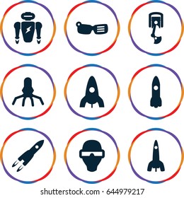 Futuristic icons set. set of 9 futuristic filled icons such as rocket, robot arm, man in smart glasses, robot