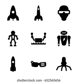 Futuristic icons set. set of 9 futuristic filled icons such as rocket, man in smart glasses, robot