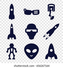 Futuristic icons set. set of 9 futuristic filled icons such as rocket, alien head, robot arm, man in smart glasses, robot