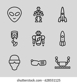 Futuristic icons set. set of 9 futuristic outline icons such as robot arm, rocket, alien head, man in smart glasses, robot
