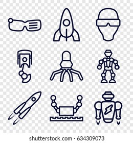 Futuristic icons set. set of 9 futuristic outline icons such as rocket, robot arm, man in smart glasses, robot